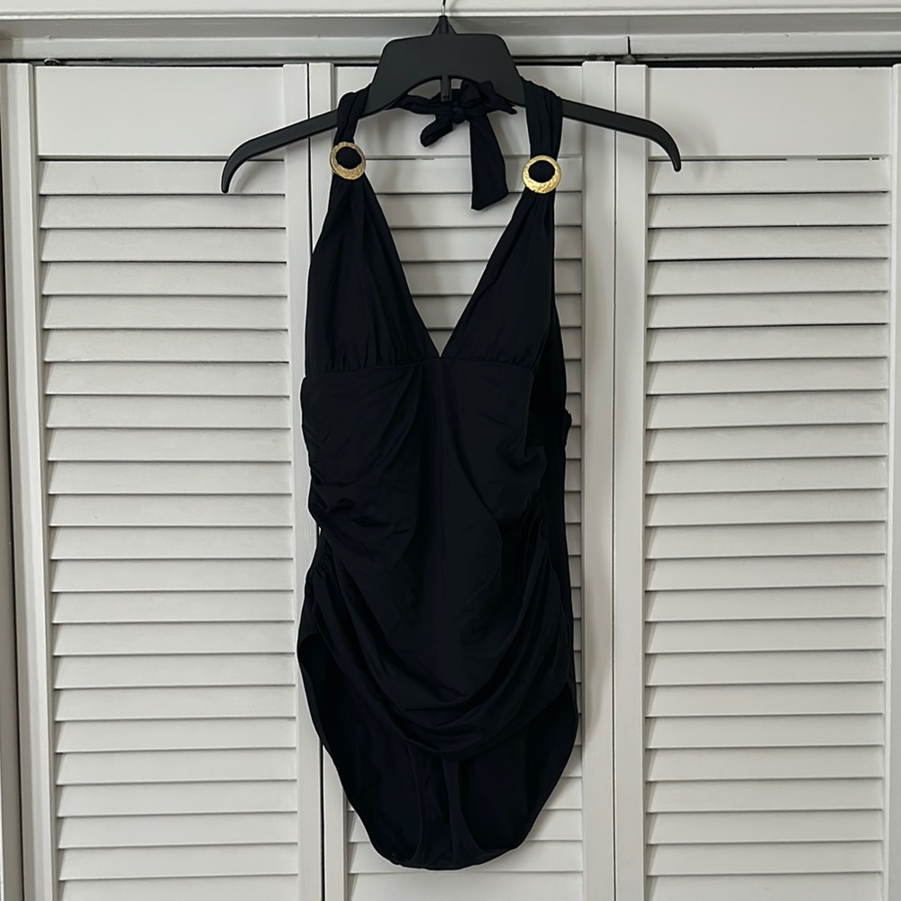 Ralph Lauren Black One Piece Swimsuit with Gold Accents